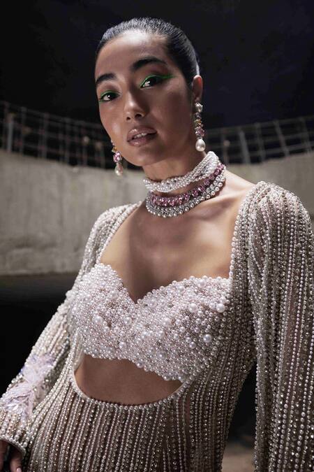 Shop Garima Karwariya Designs Pink Net, Satin Pearls, Rhinestones Sweetheart Hand Embroidered Kaftan Pant Set Online at Aza Fashions Shop_Garima Karwariya Designs_Pink Net, Satin Pearls, Rhinestones Sweetheart Hand Embroidered Kaftan Pant Set _Online_at_Aza_Fashions