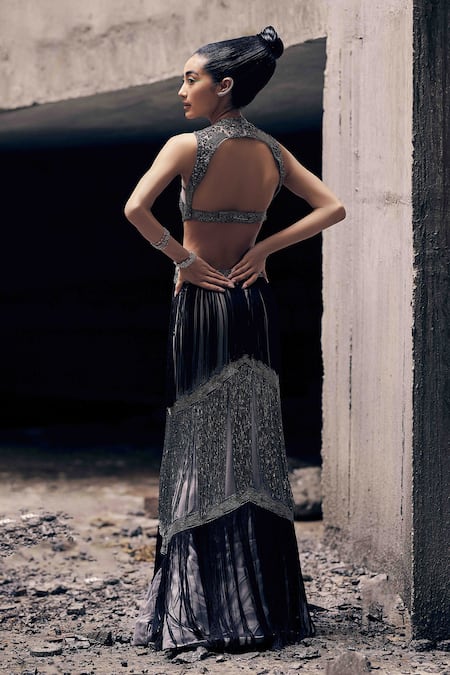Garima Karwariya Designs Black & Grey Cut-Out Hand Embroidered Gown 