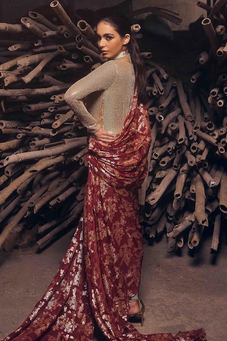 Garima Karwariya Designs Gold Sequin Hand Embroidered Jumpsuit & Drape 