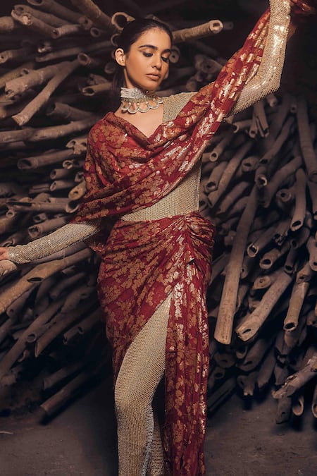 Garima Karwariya Designs_Gold Net, Lycra, Organza Sequins, Beads Plunge Hand Embroidered Jumpsuit And Drape _Online_at_Aza_Fashions