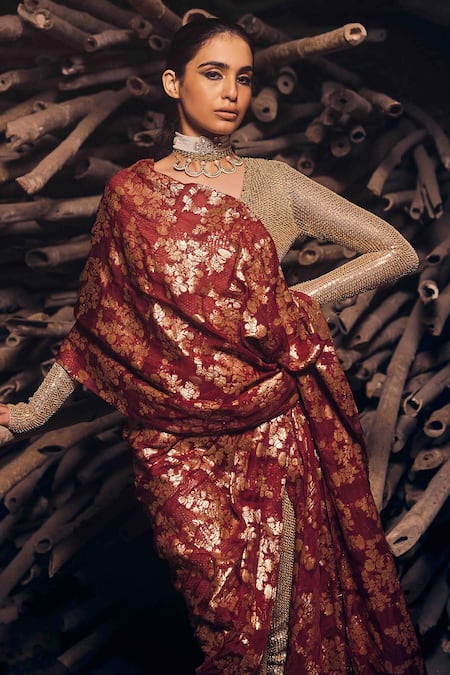 Buy_Garima Karwariya Designs_Gold Net, Lycra, Organza Sequins, Beads Plunge Hand Embroidered Jumpsuit And Drape _Online_at_Aza_Fashions