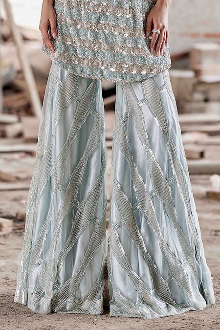 Garima Karwariya Designs Blue Net, Cotton Satin Sequins, Embroidery Hexagon Floral Kurta Sharara Set Online at Aza Fashions Garima Karwariya Designs_Blue Net, Cotton Satin Sequins, Embroidery Hexagon Floral Kurta Sharara Set _Online_at_Aza_Fashions