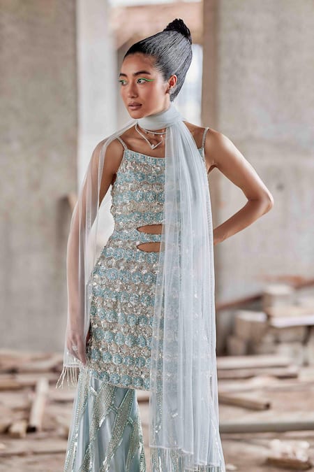 Buy Garima Karwariya Designs Blue Net, Cotton Satin Sequins, Embroidery Hexagon Floral Kurta Sharara Set Online at Aza Fashions Buy_Garima Karwariya Designs_Blue Net, Cotton Satin Sequins, Embroidery Hexagon Floral Kurta Sharara Set _Online_at_Aza_Fashions