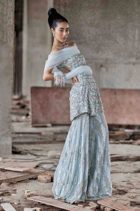 Shop Garima Karwariya Designs Blue Net, Cotton Satin Sequins, Embroidery Hexagon Floral Kurta Sharara Set Online at Aza Fashions Shop_Garima Karwariya Designs_Blue Net, Cotton Satin Sequins, Embroidery Hexagon Floral Kurta Sharara Set _Online_at_Aza_Fashions