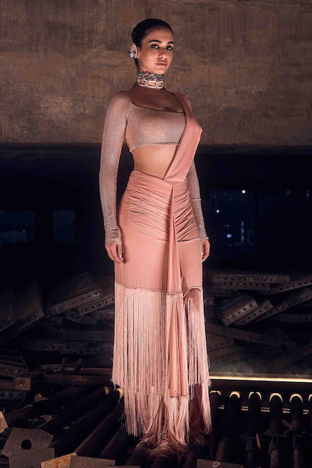 Garima Karwariya Designs Coral Pink Hand Embroidered Pre-Draped Saree 