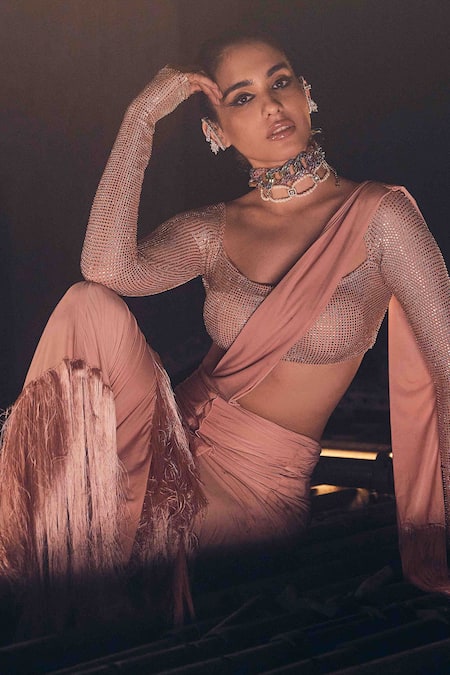 Garima Karwariya Designs_Coral Lycra, Linen, Crepe Sequins, Pink Hand Embroidered Pre-draped Saree _Online_at_Aza_Fashions