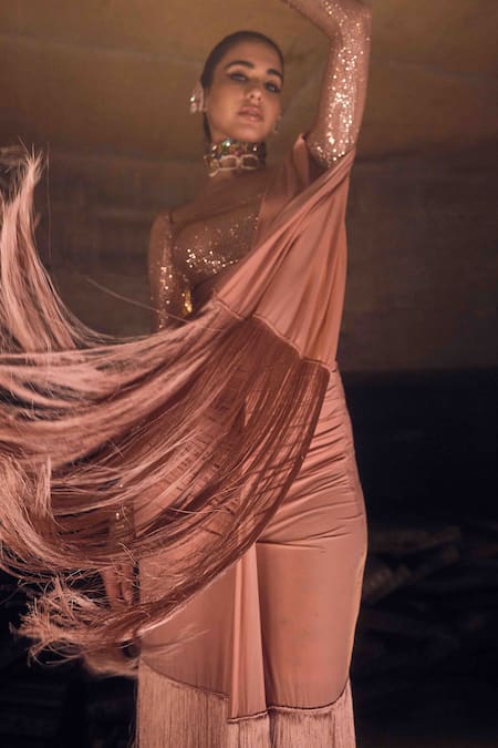 Buy_Garima Karwariya Designs_Coral Lycra, Linen, Crepe Sequins, Pink Hand Embroidered Pre-draped Saree _Online_at_Aza_Fashions