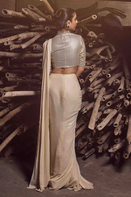 Garima Karwariya Designs Champagne Gold Sequin Pre-Draped Saree Set 