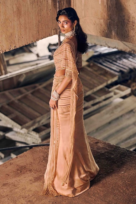 Shop_Garima Karwariya Designs_Coral Satin, Net, Crepe Embroidery Off-shoulder Gold Geometric Pre-draped Saree _at_Aza_Fashions