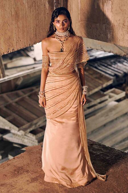 Garima Karwariya Designs_Coral Satin, Net, Crepe Embroidery Off-shoulder Gold Geometric Pre-draped Saree _Online_at_Aza_Fashions