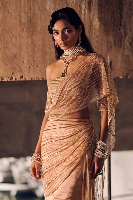 Buy_Garima Karwariya Designs_Coral Satin, Net, Crepe Embroidery Off-shoulder Gold Geometric Pre-draped Saree _Online_at_Aza_Fashions