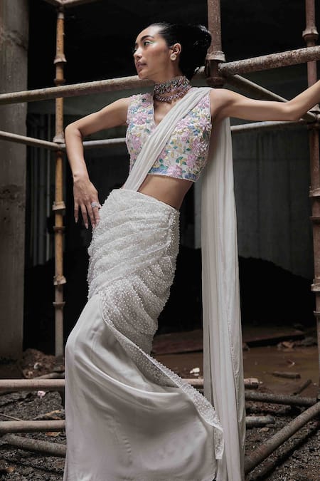 Garima Karwariya Designs_Ivory Net, Cotton, Crepe Pearls, Embroidery Hand Pre-draped Saree And Blouse _Online_at_Aza_Fashions