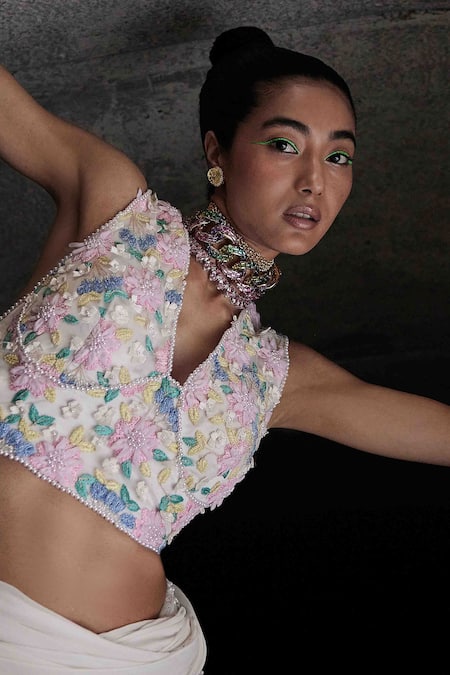 Buy_Garima Karwariya Designs_Ivory Net, Cotton, Crepe Pearls, Embroidery Hand Pre-draped Saree And Blouse _Online_at_Aza_Fashions