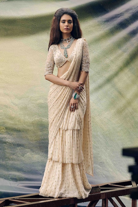 Garima Karwariya Designs Cream Hand Embroidered Pre-Draped Saree Set 