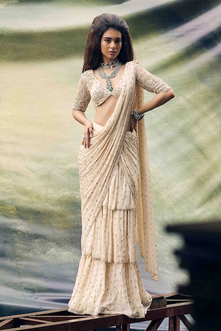 Garima Karwariya Designs Cream Hand Embroidered Pre-Draped Saree Set 
