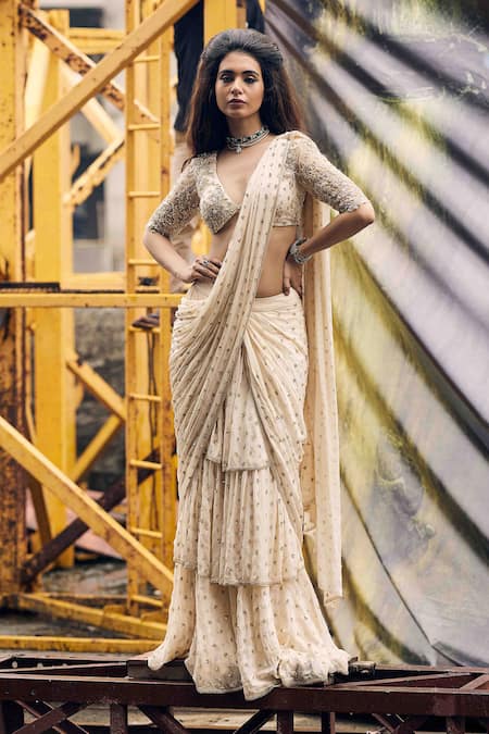 Buy_Garima Karwariya Designs_Cream Net, Silk, Satin, Crepe Embroidery, Sequins Hand Pre-draped Saree Set _Online_at_Aza_Fashions