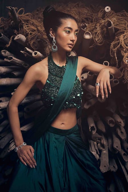 Shop_Garima Karwariya Designs_Green Net, Crepe, Satin Sequins, Embroidery High Emerald Pre-draped Saree Set _Online_at_Aza_Fashions