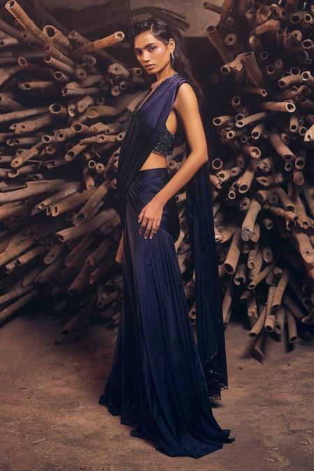 Garima Karwariya Designs_Blue Net, Crepe, Satin, Silk Cut Work, Stones Midnight Pre-draped Saree Set _Online_at_Aza_Fashions