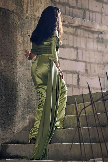 Garima Karwariya Designs Pista Green Stone Embroidered Pre-Draped Saree 