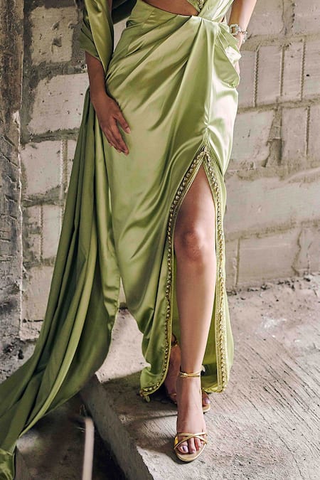 Buy_Garima Karwariya Designs_Green Net, Crepe, Brocade Stones Sweetheart Pista Embroidered Pre-draped Saree _Online_at_Aza_Fashions