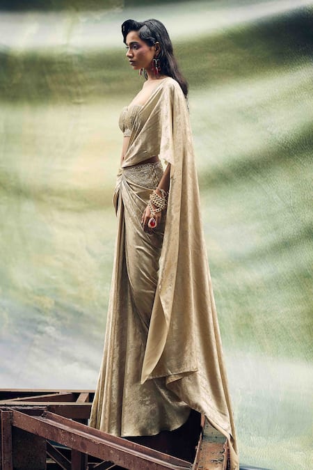 Garima Karwariya Designs_Gold Net, Crepe Sequins, Beads, Embroidery Hand Pre-draped Saree Set _Online_at_Aza_Fashions