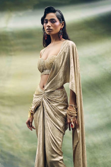Buy_Garima Karwariya Designs_Gold Net, Crepe Sequins, Beads, Embroidery Hand Pre-draped Saree Set _Online_at_Aza_Fashions