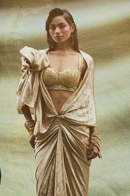 Shop_Garima Karwariya Designs_Gold Net, Crepe Sequins, Beads, Embroidery Hand Pre-draped Saree Set _Online_at_Aza_Fashions