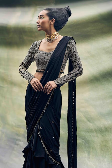 Garima Karwariya Designs Tassel Detailed Black Pre-Draped Saree & Blouse 