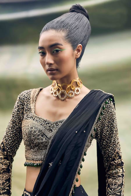 Garima Karwariya Designs_Black Net, Crepe Tassels, Zari Detailed Pre-draped Saree And Blouse _Online_at_Aza_Fashions