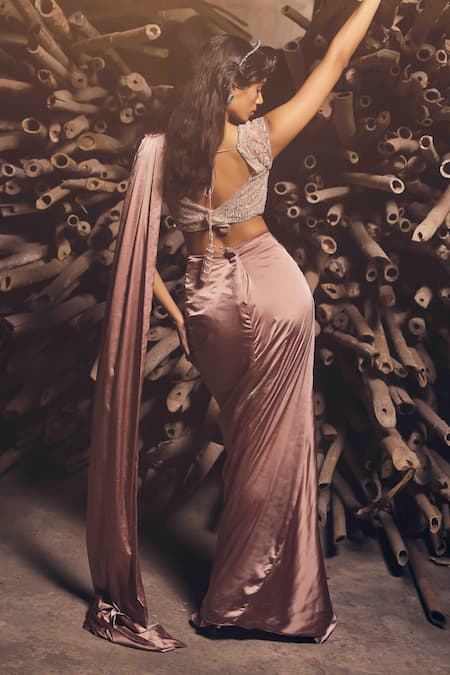 Garima Karwariya Designs Mauve Pre-Draped Saree & Floral Embroidered Blouse 