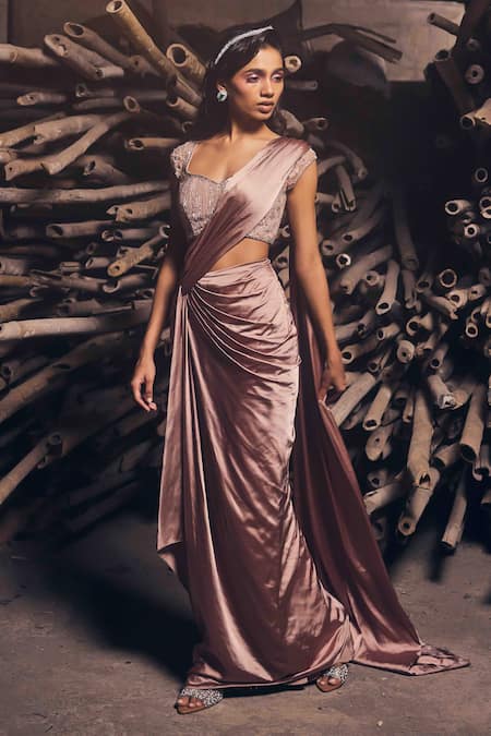 Garima Karwariya Designs_Pink Net, Crepe, Satin, Silk Embroidery Mauve Pre-draped Saree And Floral Blouse _Online_at_Aza_Fashions