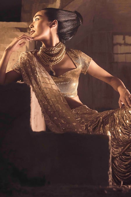Garima Karwariya Designs_Gold Net Sequins, Fringe, Embroidery Sweetheart Hand Pre-draped Saree And Blouse _Online_at_Aza_Fashions