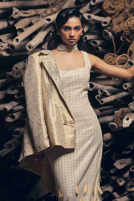 Garima Karwariya Designs_Gold Silk, Georgette Sequins, Feathers Square Hand Embroidered Gown And Blazer _Online_at_Aza_Fashions