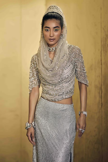 Garima Karwariya Designs_Silver Net, Silk Rhinestones, Embroidery Round Neck Hand Skirt Set With Cape _Online_at_Aza_Fashions
