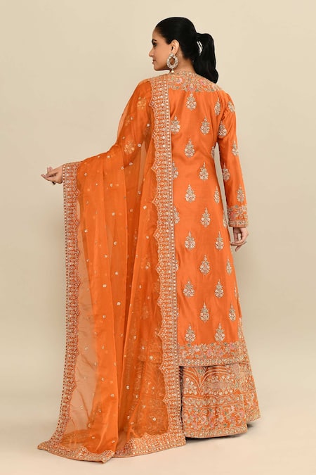 Kalighata Hand Embroidered Orange Kurta Sharara Set 