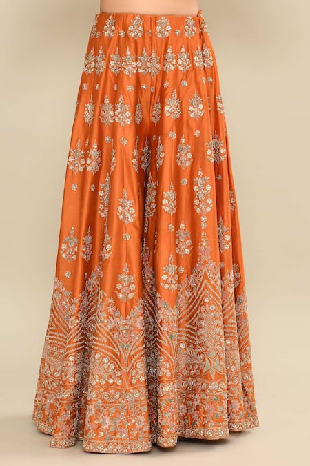 Kalighata_Orange Chanderi Sequins, Cut Work Scoop Neck Hand Embroidered Kurta Sharara Set _Online_at_Aza_Fashions