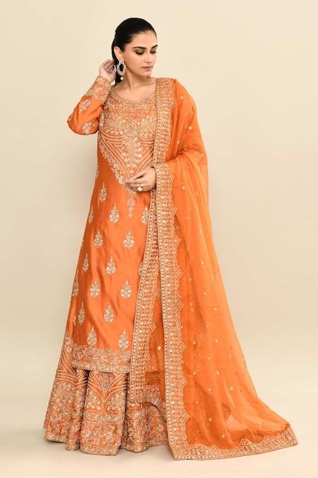 Buy_Kalighata_Orange Chanderi Sequins, Cut Work Scoop Neck Hand Embroidered Kurta Sharara Set _Online_at_Aza_Fashions