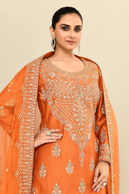 Shop_Kalighata_Orange Chanderi Sequins, Cut Work Scoop Neck Hand Embroidered Kurta Sharara Set _Online_at_Aza_Fashions