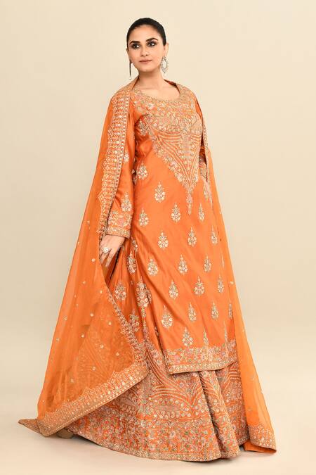 Kalighata_Orange Chanderi Sequins, Cut Work Scoop Neck Hand Embroidered Kurta Sharara Set _at_Aza_Fashions
