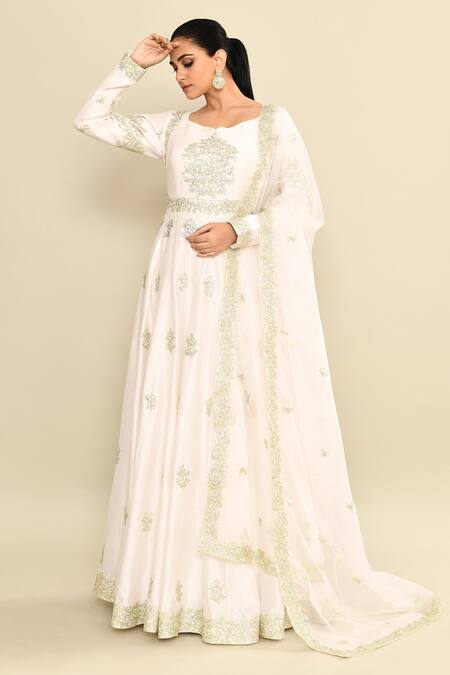 Kalighata_Ivory Chanderi Embroidery Floral Hand Anarkali Set _Online_at_Aza_Fashions