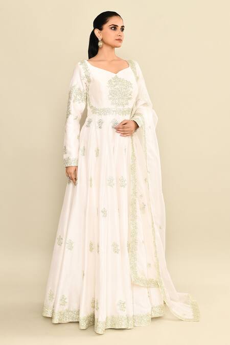 Buy_Kalighata_Ivory Chanderi Embroidery Floral Hand Anarkali Set _Online_at_Aza_Fashions