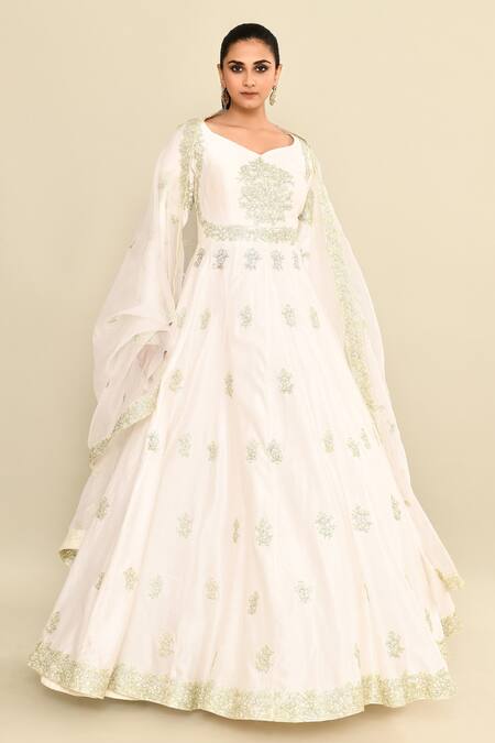 Shop_Kalighata_Ivory Chanderi Embroidery Floral Hand Anarkali Set _Online_at_Aza_Fashions
