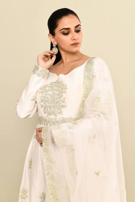 Kalighata_Ivory Chanderi Embroidery Floral Hand Anarkali Set _at_Aza_Fashions