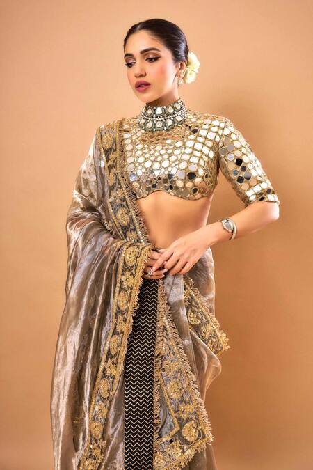 Itrh_Black Tissue Mirrors, Gota Patti Round Neck Silver Work Saree Set _Online_at_Aza_Fashions