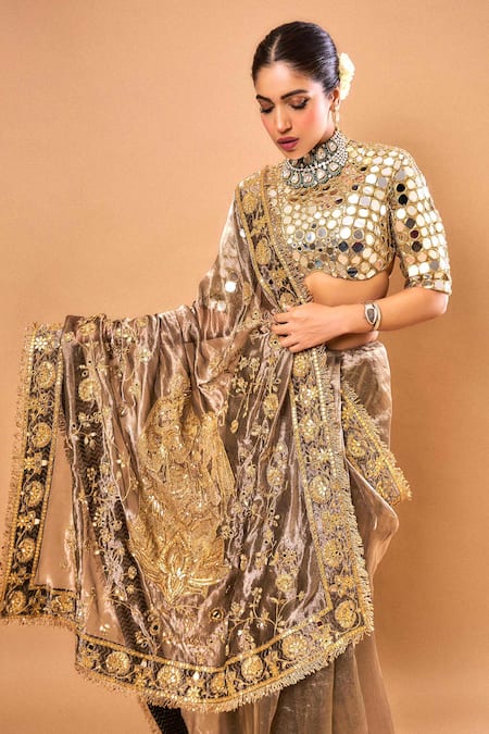 Buy_Itrh_Black Tissue Mirrors, Gota Patti Round Neck Silver Work Saree Set _Online_at_Aza_Fashions