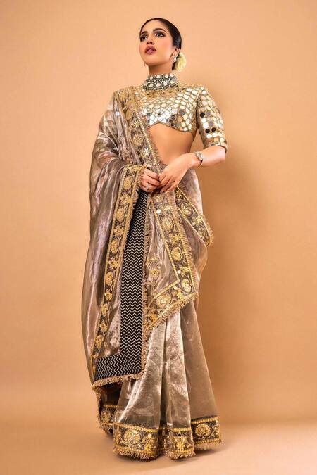 Itrh_Black Tissue Mirrors, Gota Patti Round Neck Silver Work Saree Set _at_Aza_Fashions