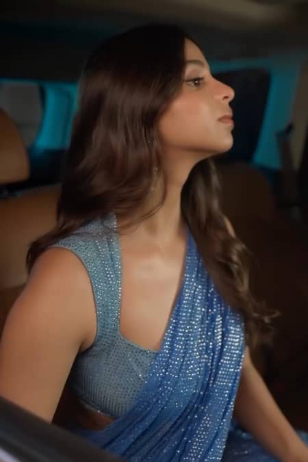 Shop Itrh Blue Net Crystals Sweetheart Neck Embellished Pre-draped Saree at Aza Fashions Shop_Itrh_Blue Net Crystals Sweetheart Neck Embellished Pre-draped Saree _at_Aza_Fashions