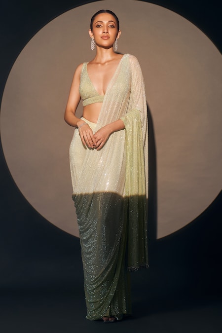 Itrh Crystal Cascade Embellished Pre-Draped Saree With Blouse 