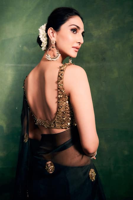 Shop_Itrh_Gold Organza Gota Patti, Embroidery Scoop Neck Black Ghungroo Saree Set _at_Aza_Fashions