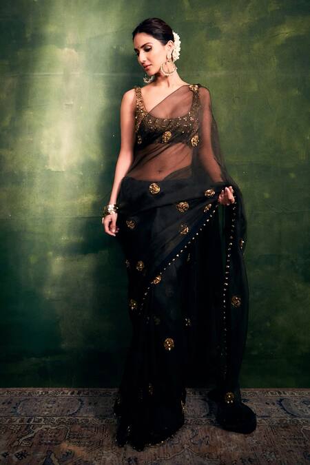 Itrh_Gold Organza Gota Patti, Embroidery Scoop Neck Black Ghungroo Saree Set _Online_at_Aza_Fashions